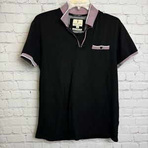 Scott James England black polo top with purple accents preppy size Large